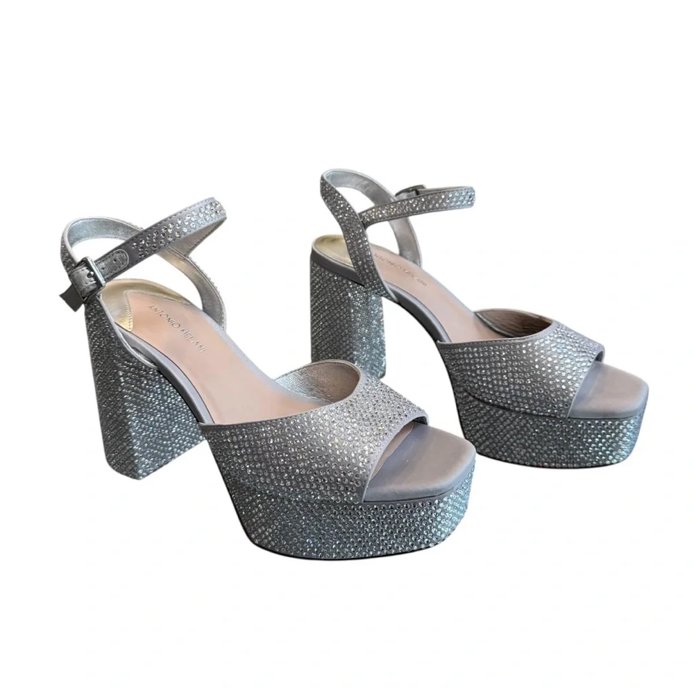 ANTONIO MELANI Glittering Silver Rhinestone Open-Toe Platform Sandals